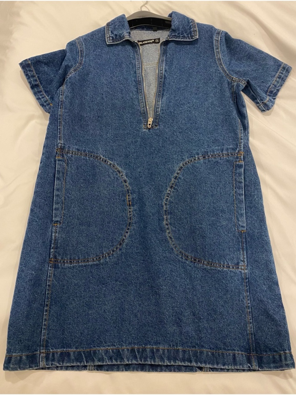 Denim Half-Zip Short Sleeve Dress w/ pockets. Size XS.